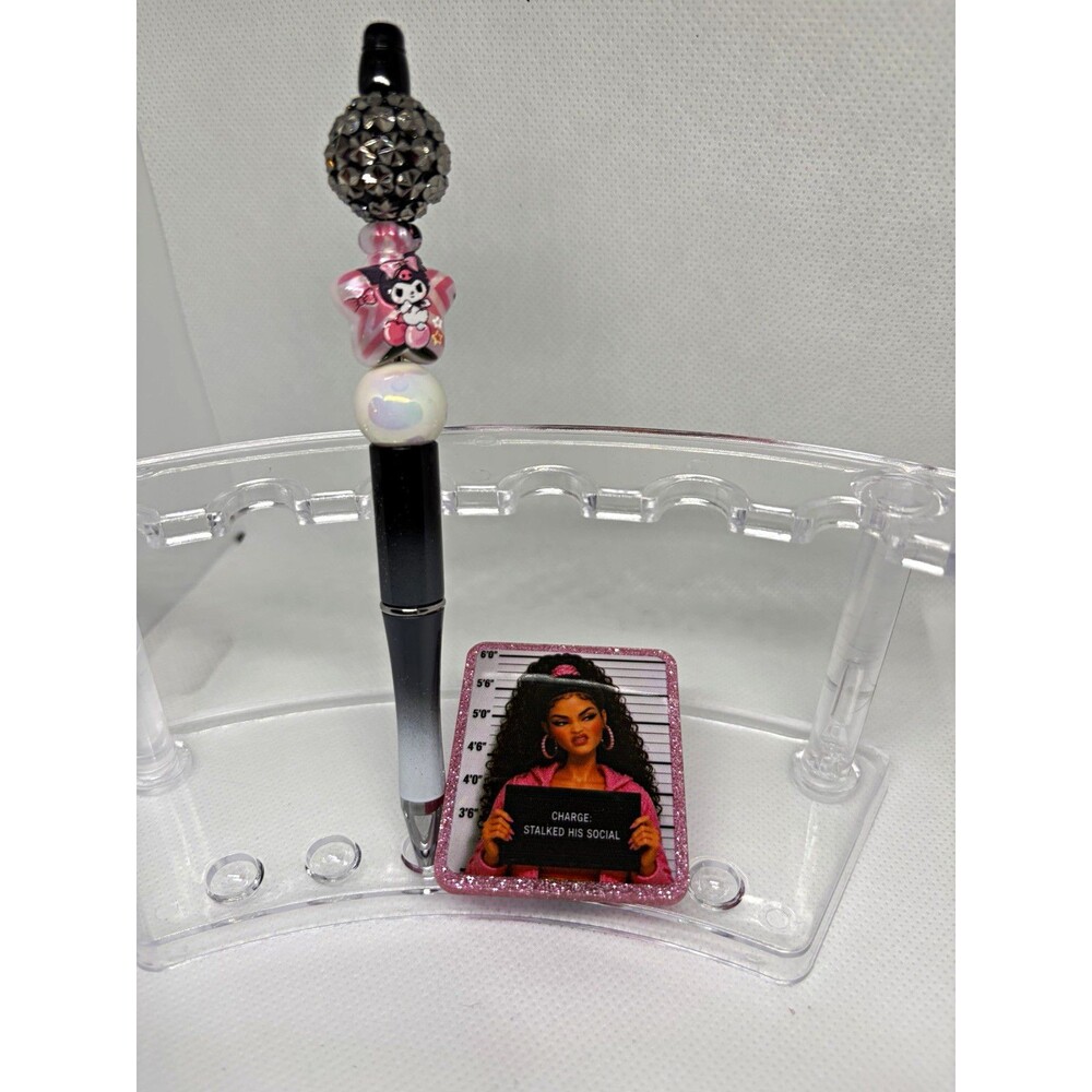 Handmade Kuromi Beadable Pen & “Stalked His Social” Chip Clip Set